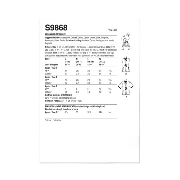 Simplicity Pattern 9868 Vintage Retro 70s Tie Back Apron Potholder Size S-XL New - Picture 2 of 4